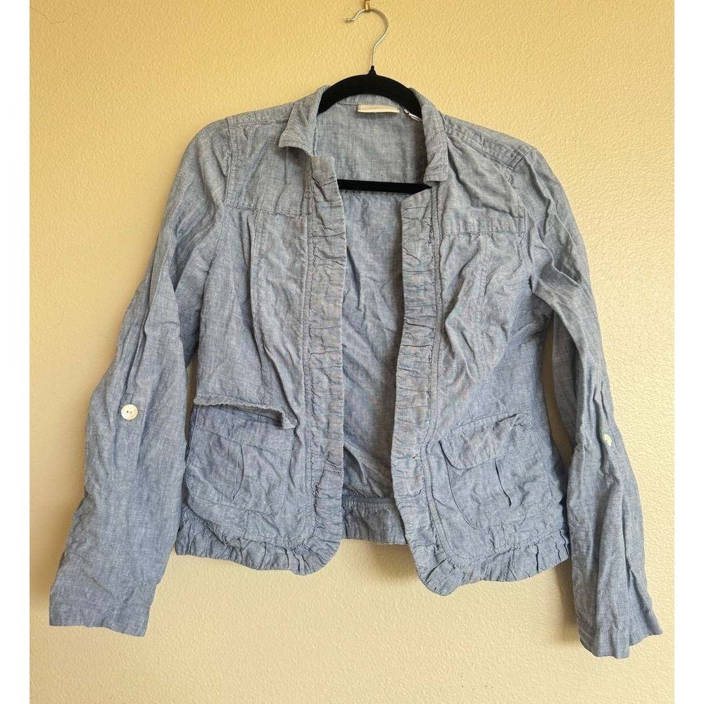Chicos Blue Chambray Linen Cropped Jacket Blazer Ruched Detail Old Money Resort